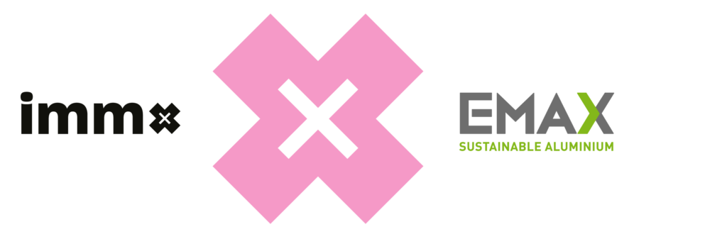 Immx logo met een grote X en het E-MAX Sustainable aluminium logo naast elkaar