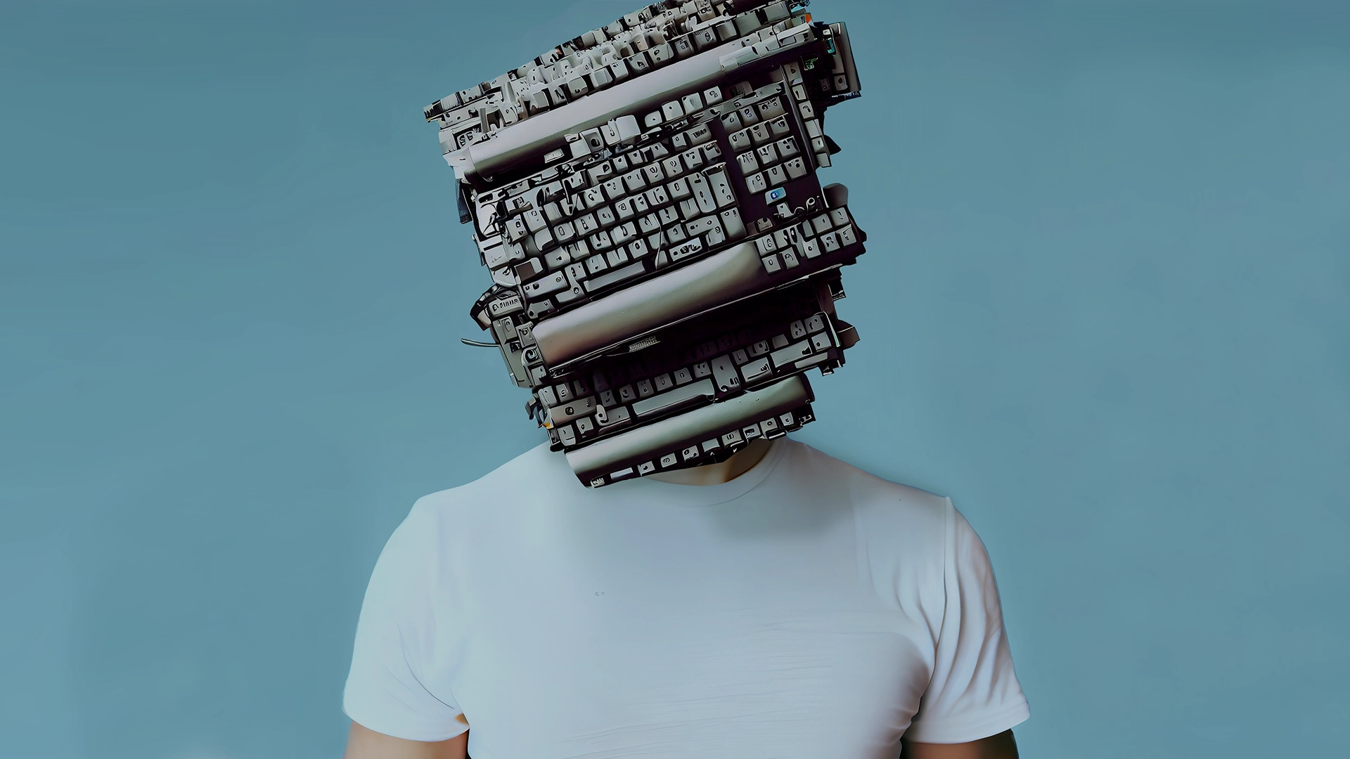 AI genereerde Man met wit t-shirt met diverse toetsenborden als hoofd